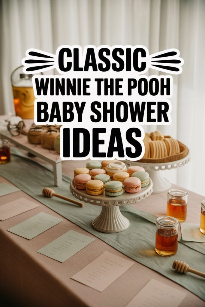 Vertical Pinterest-style image of a Pooh-inspired baby shower tablescape with honey jars, wildflowers, vintage books, and soft golden lighting.
