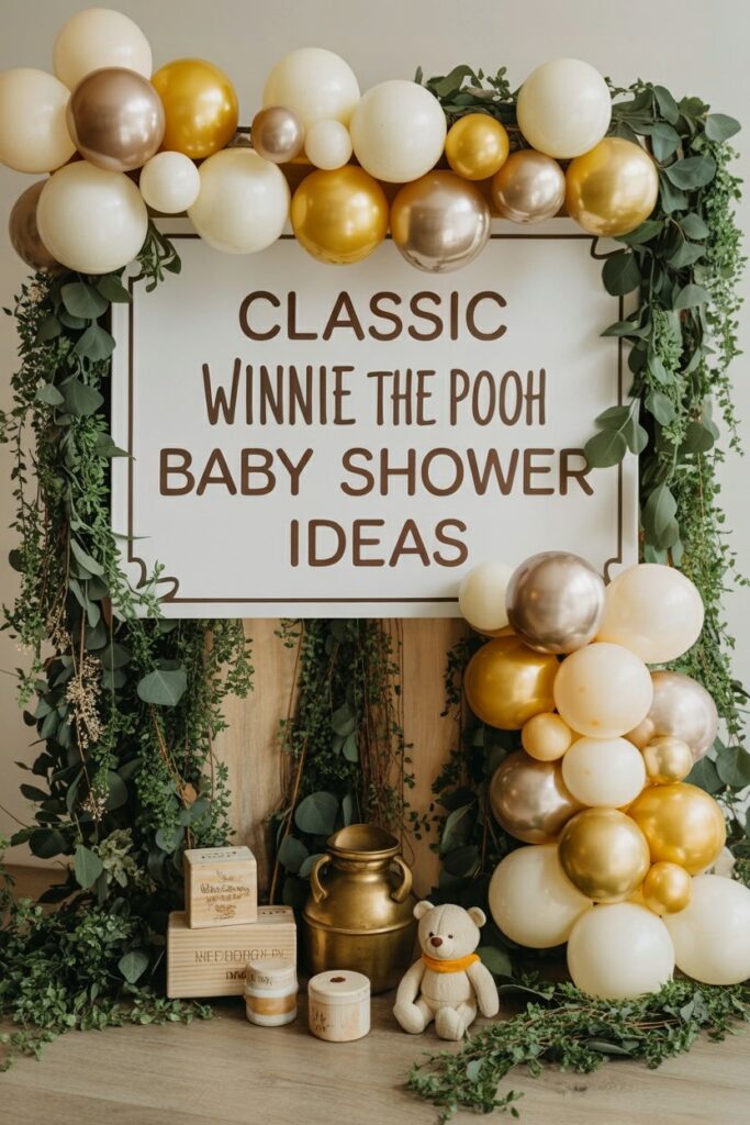 Vertical Pinterest-style flatlay of Pooh-themed invitations with botanical illustrations, honey dipper, kraft paper, and wildflowers.