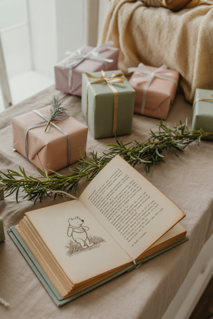 Gift table with soft linens, greenery sprigs, pastel-wrapped gifts, and a vintage Pooh book displayed as décor.
