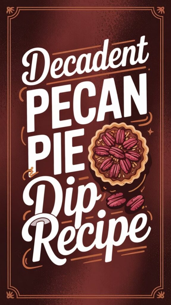 A warm, vintage-style graphic featuring bold white lettering that reads “Decadent Pecan Pie Dip Recipe” on a deep brown background, with an illustrated pecan pie and scattered pecans adding a cozy, dessert-inspired feel.