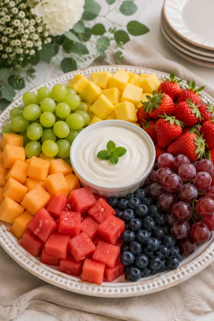 Grocery store fruit tray transferred onto a decorative platter with a bowl of dip