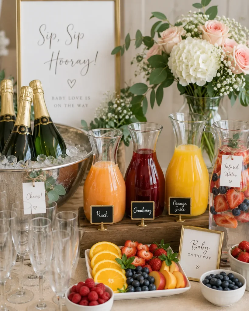 Baby shower mimosa bar with champagne, orange juice, and fruit garnishes