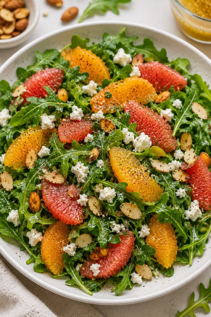 Citrus arugula salad with orange and grapefruit segments, feta crumbles, and toasted almonds