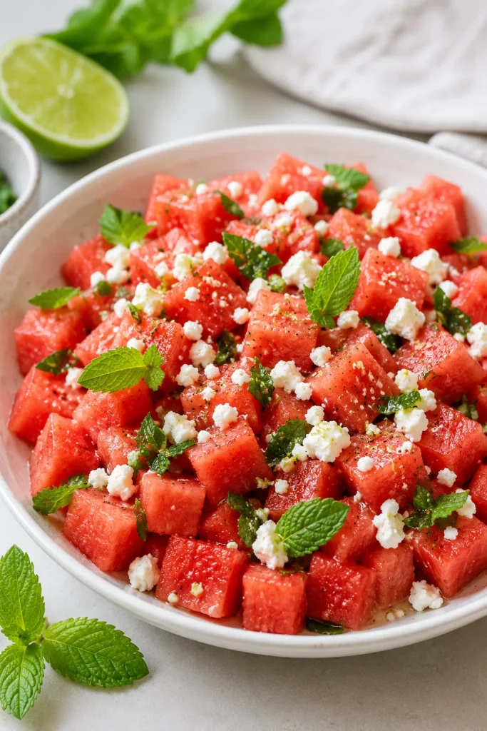 Watermelon mint salad with feta and lime dressing in a shallow white bowl