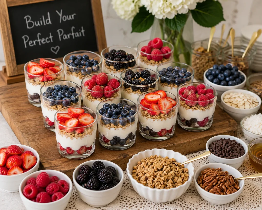 Yogurt parfait bar with layered yogurt, granola, and berries in individual glass cups