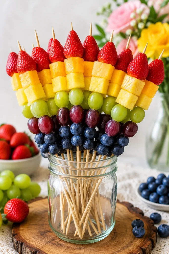 Rainbow fruit kabobs with strawberries, pineapple, grapes, and blueberries standing in glass jars