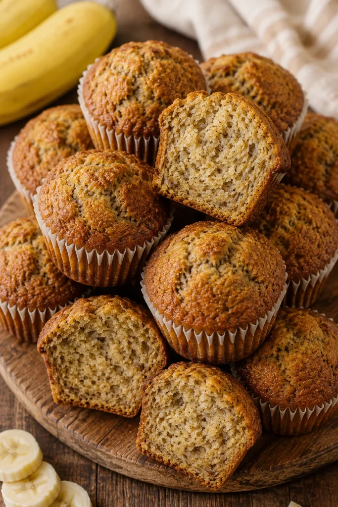 Banana bread muffins with crackled tops, some sliced open to show the moist interior
