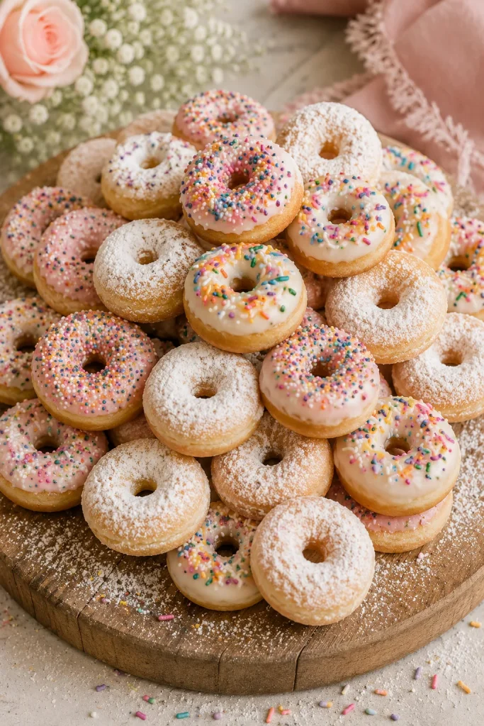 Mini powdered and sprinkle-covered donuts piled on a rustic wood board