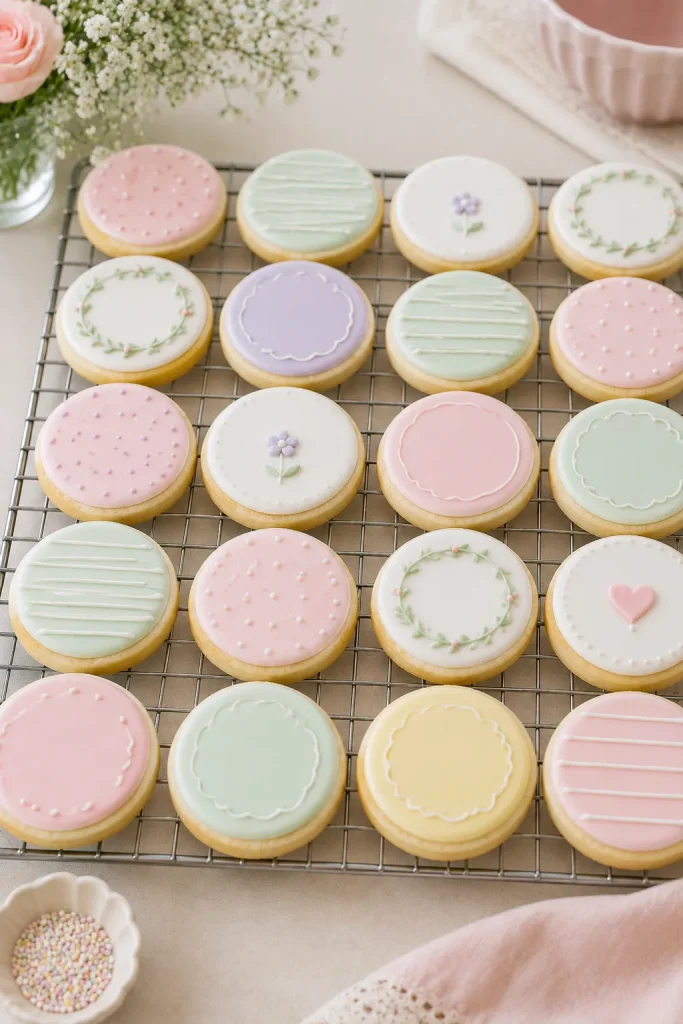 Soft-baked sugar cookies with pastel royal icing arranged on a cooling rack