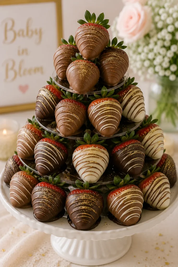Chocolate-dipped strawberry tower with edible glitter on a cake stand