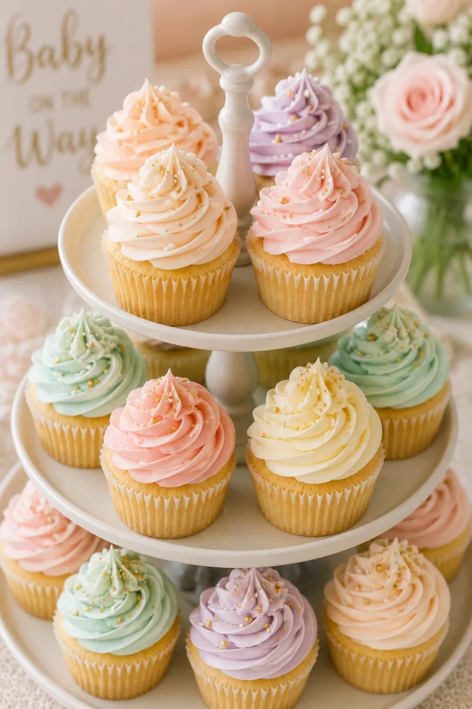 Vanilla cupcakes with tall pastel piped buttercream swirls on a tiered stand