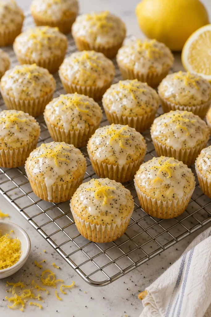 Mini lemon poppyseed muffins with light glaze cooling on a rack