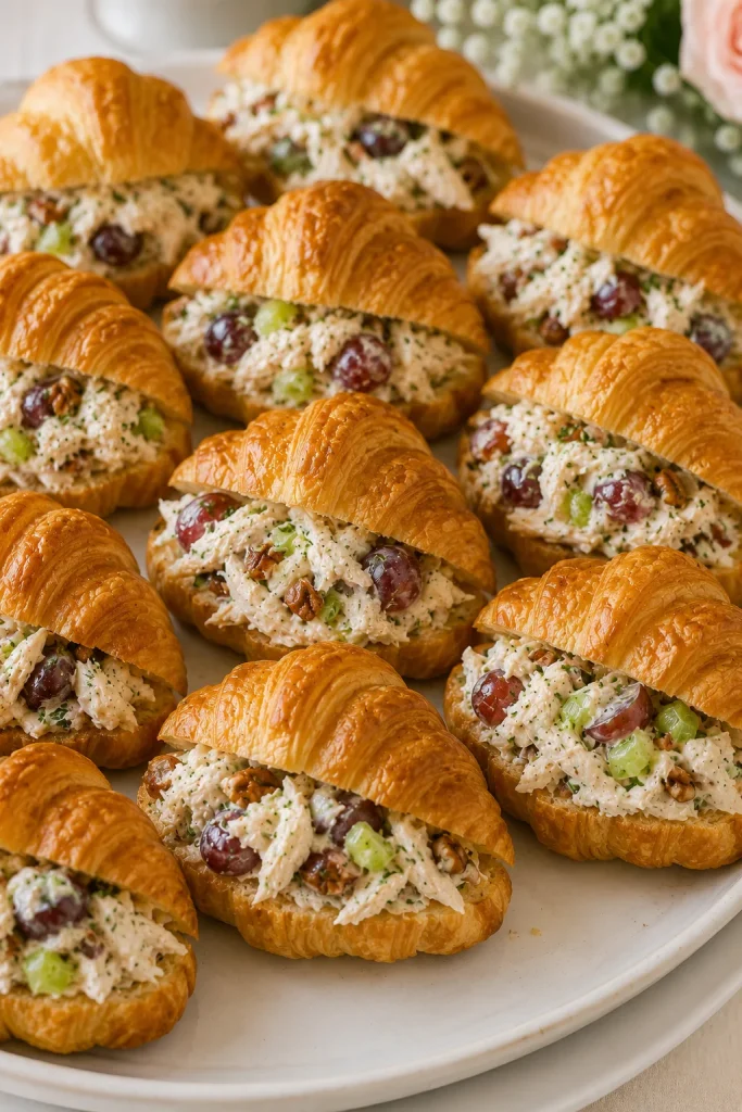 Herbed chicken salad croissants with grapes and pecans, sliced open to show the filling