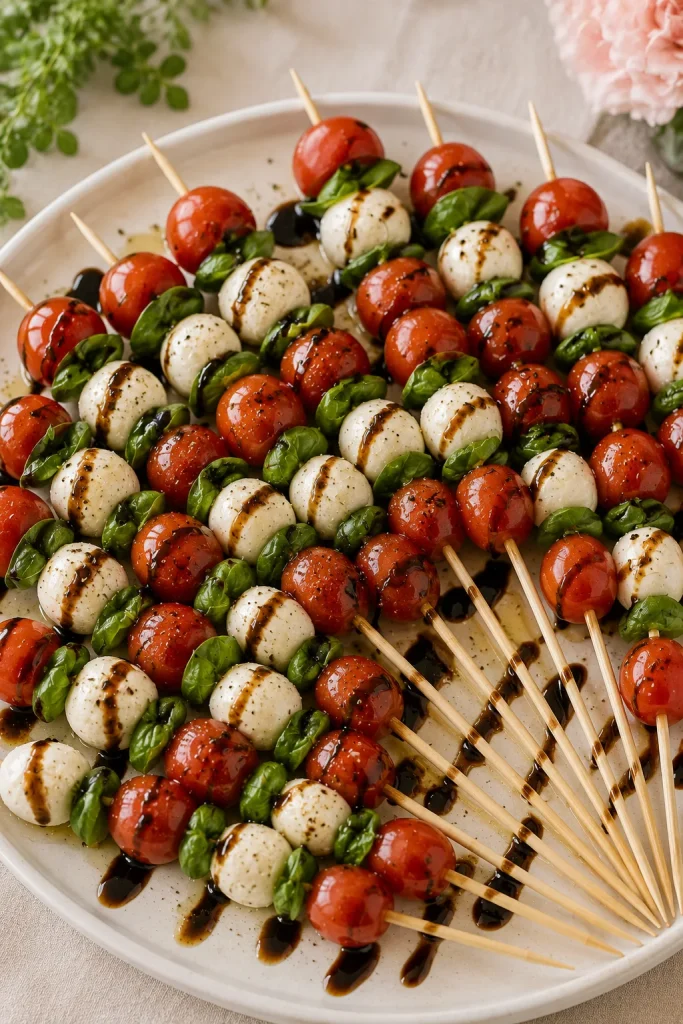 Caprese skewers with cherry tomato, mozzarella pearls, and basil drizzled with balsamic glaze