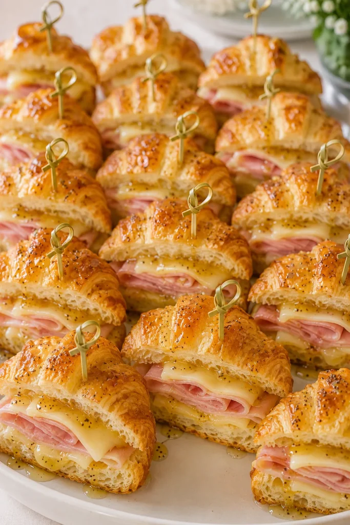 Mini croissant ham and swiss sliders with honey mustard glaze, sliced in half
