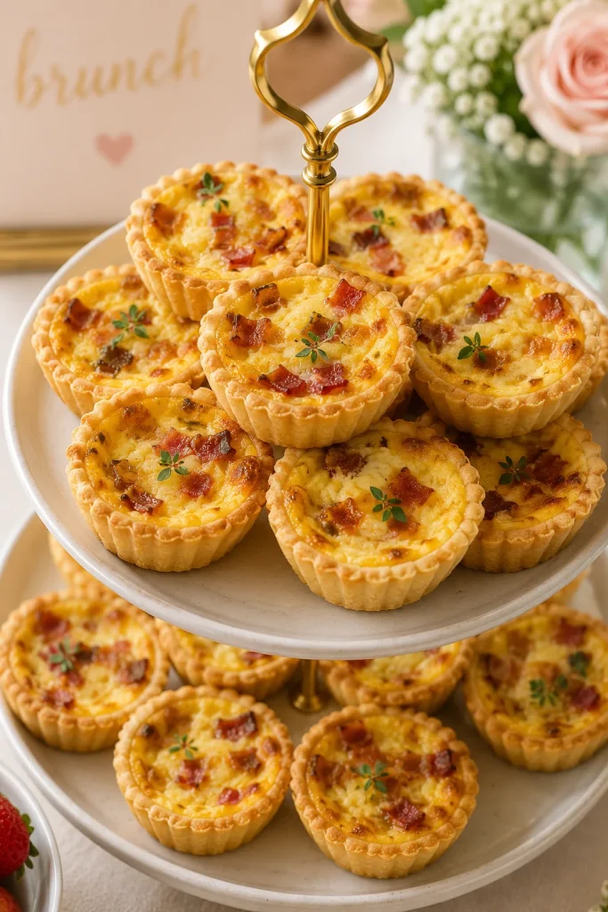 Mini quiche Lorraine bites with bacon and gruyère arranged on a tiered stand for a baby shower brunch