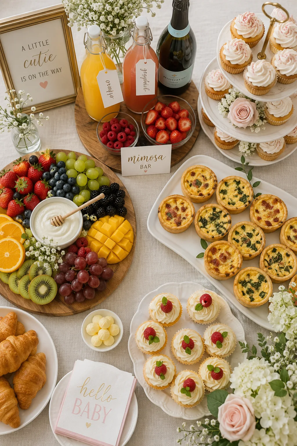 Overhead shot of a styled baby shower brunch spread — mini quiches, a fruit board, mimosa bar, and a tiered cupcake stand on a linen tablecloth, soft natural light, pastel accents
