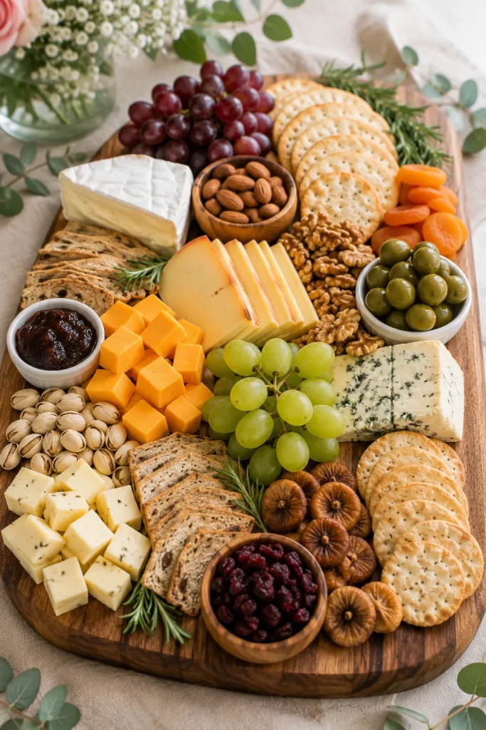 Wooden grazing board with assorted cheeses, crackers, nuts, and dried fruit