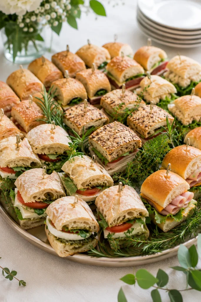 Pre-made deli sandwich platter with mini sandwiches garnished with fresh herbs