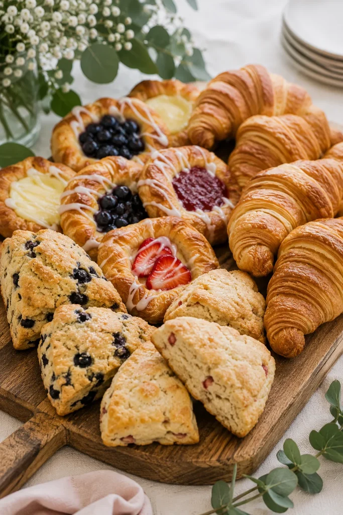 Assorted bakery pastry tray with croissants, danishes, and scones on a wood board