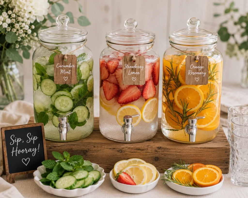 Three infused water dispensers with cucumber-mint, strawberry-lemon, and orange-rosemary water