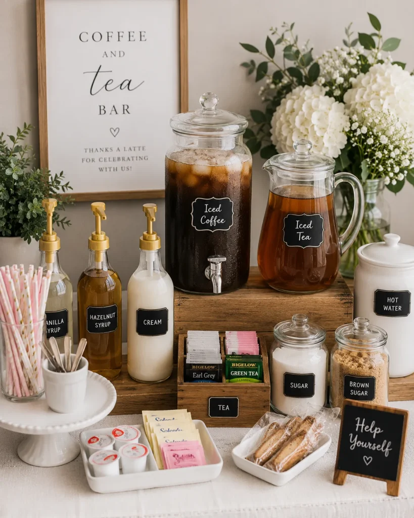 Self-serve iced coffee and tea station with cream and syrup in labeled bottles
