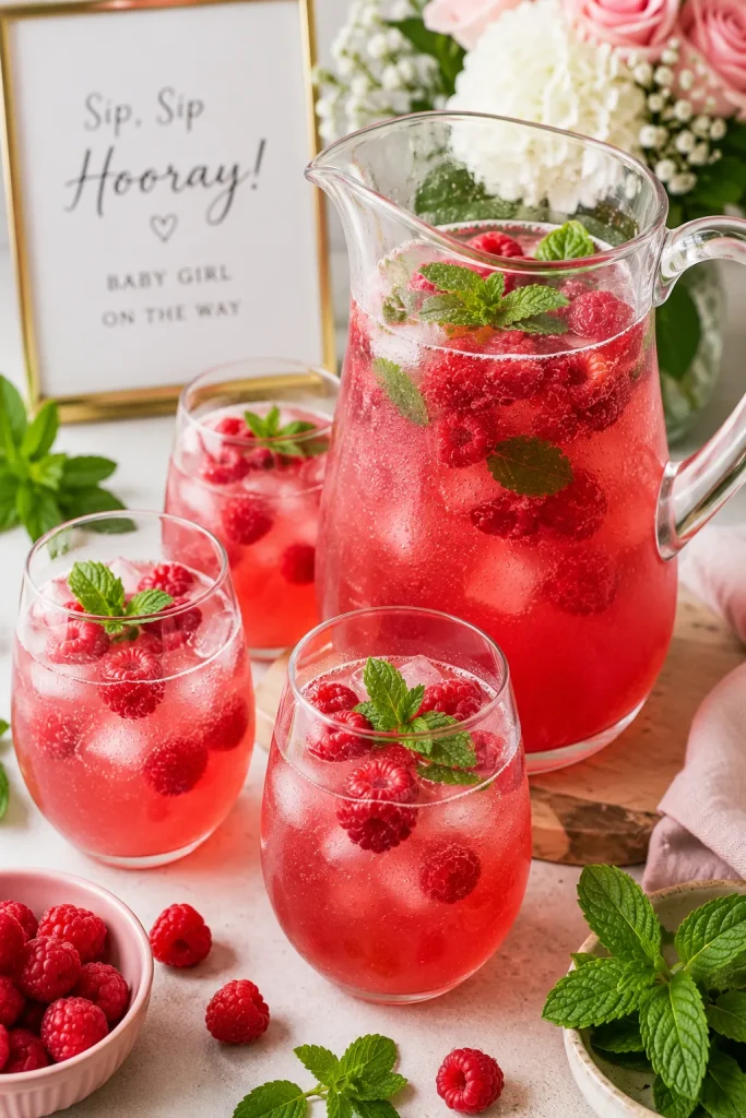 Sparkling berry mocktail with fresh raspberries and mint poured into glasses