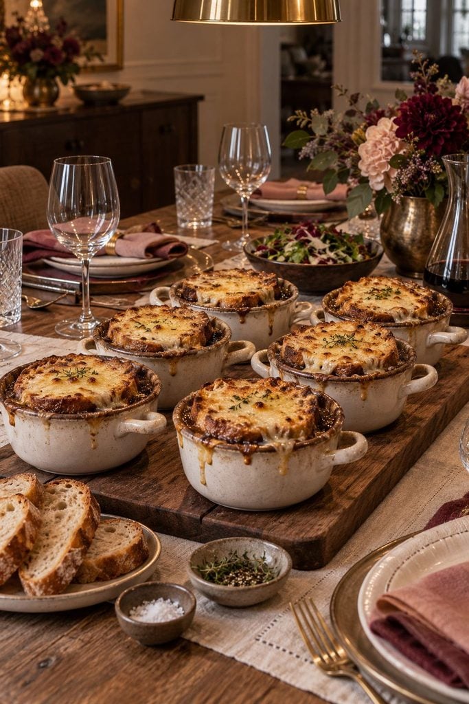 A crock of French onion soup with a bubbling, browned gruyere toast on top