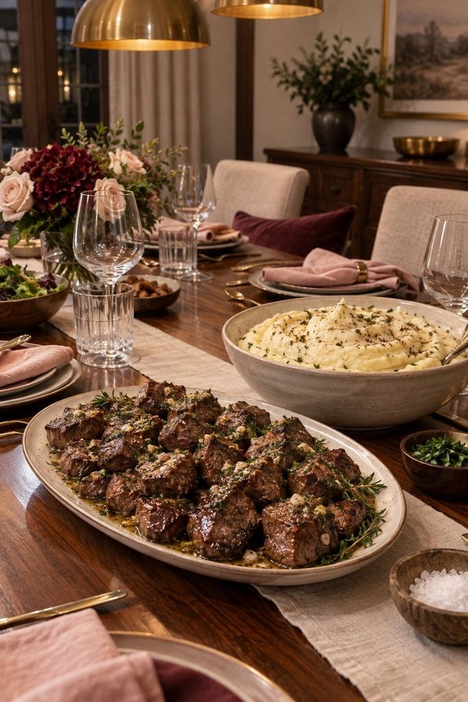 Browned sirloin steak bites glistening in garlic butter over a mound of creamy mashed potatoes
