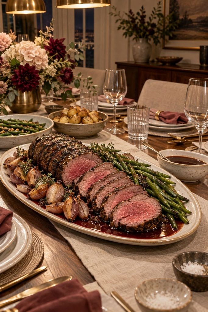 Sliced roast beef tenderloin drizzled with red wine sauce on a serving platter