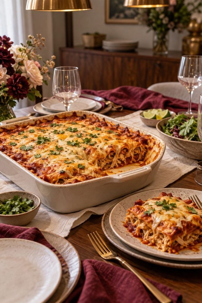 A square of layered enchilada casserole with melted cheese, cilantro, and a dollop of sour cream