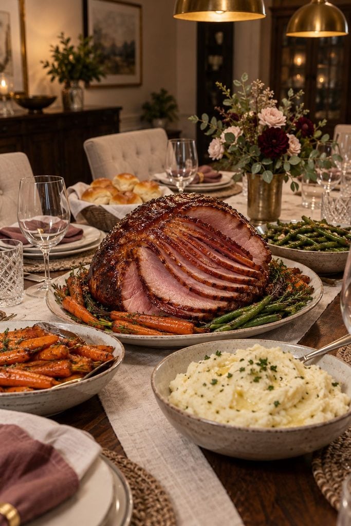 Glazed ham with a caramelized brown sugar crust, sliced and served with roasted vegetables