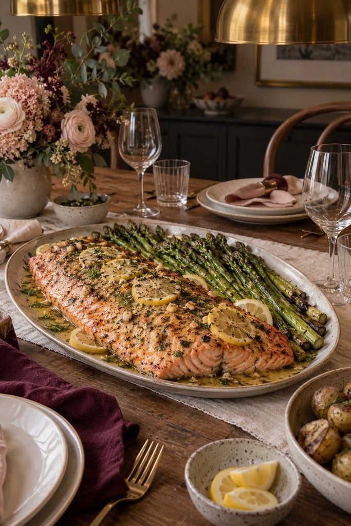 Flaky baked salmon fillets and asparagus glistening with garlic butter and lemon slices