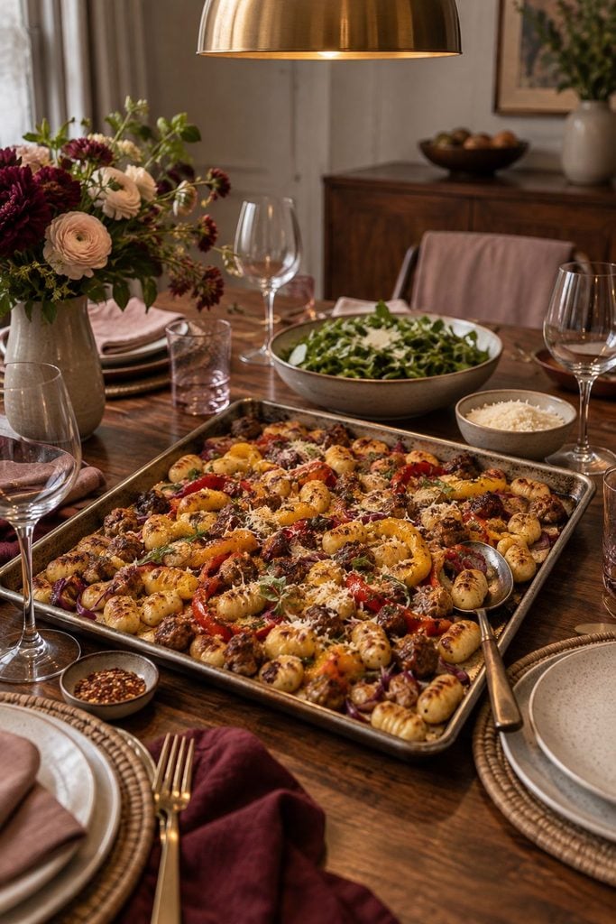 Golden crisp-edged gnocchi with browned sausage, bell peppers, and red onion on a sheet pan