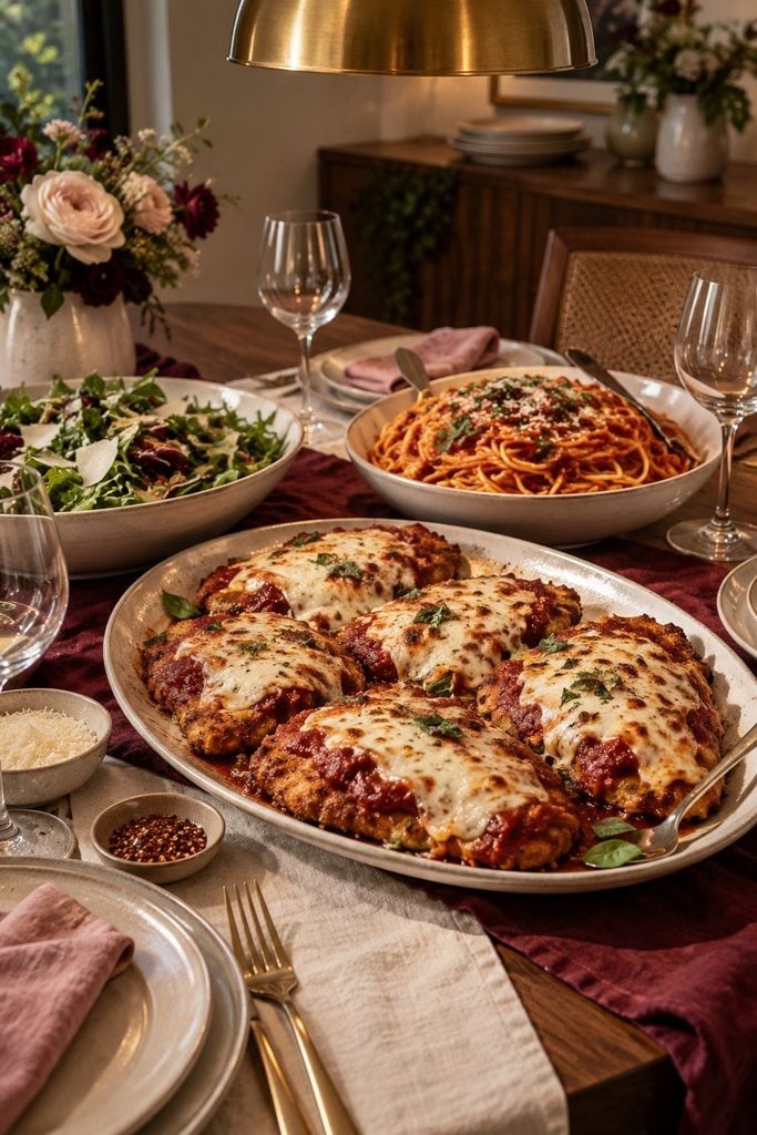 Golden panko-crusted chicken cutlets under melted mozzarella and marinara, garnished with basil