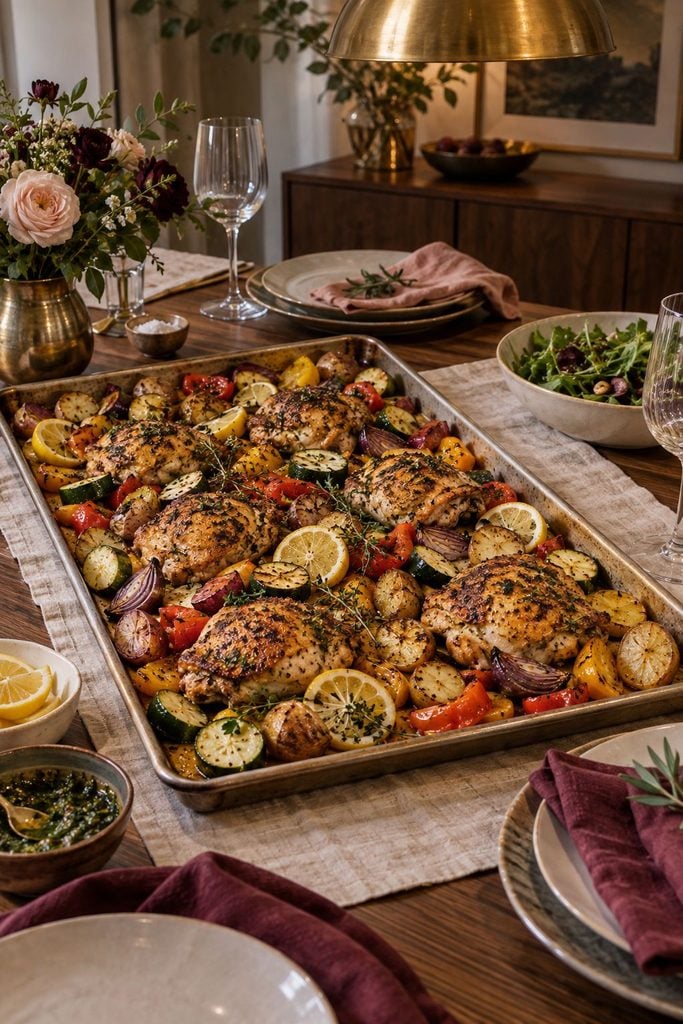 Crispy-skinned chicken thighs roasted with baby potatoes, green beans, and lemon slices on a sheet pan