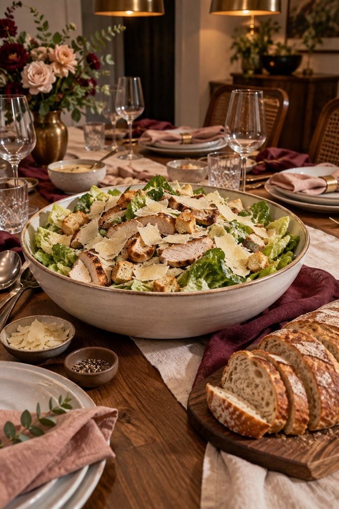 Chicken Caesar salad with crisp romaine, shaved parmesan, and croutons served alongside warm bread