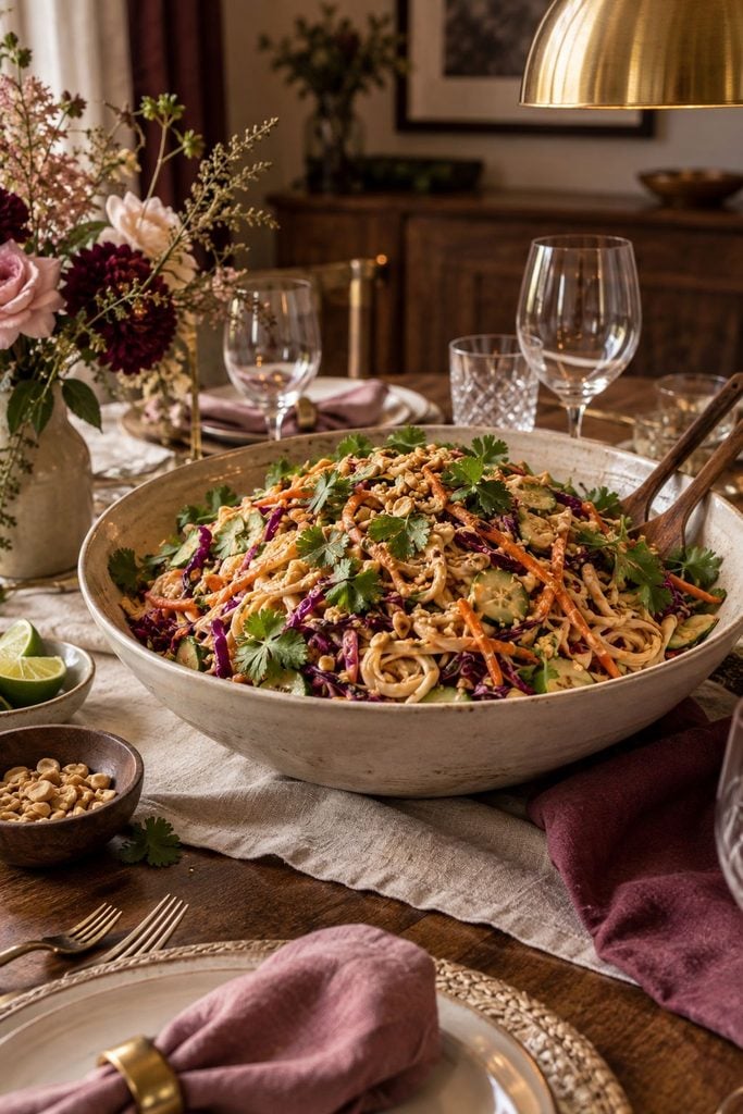A big bowl of rice noodles with shredded red cabbage, carrots, peanuts, and cilantro in creamy peanut sauce