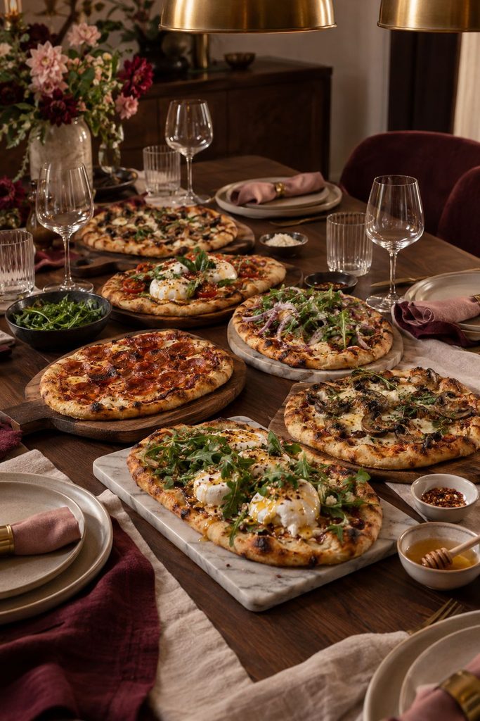 Crisp naan pizzas topped with burrata, arugula, pepperoni, and a drizzle of hot honey