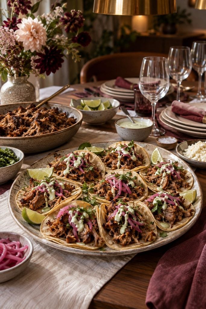 Crisp-edged shredded pork carnitas in warm corn tortillas with pickled red onions and cilantro