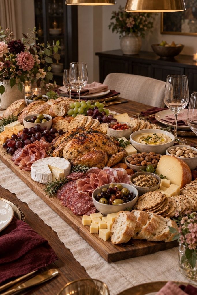An elevated girl dinner spread with charcuterie, olives, cheeses, and roasted chicken arranged on a wooden board