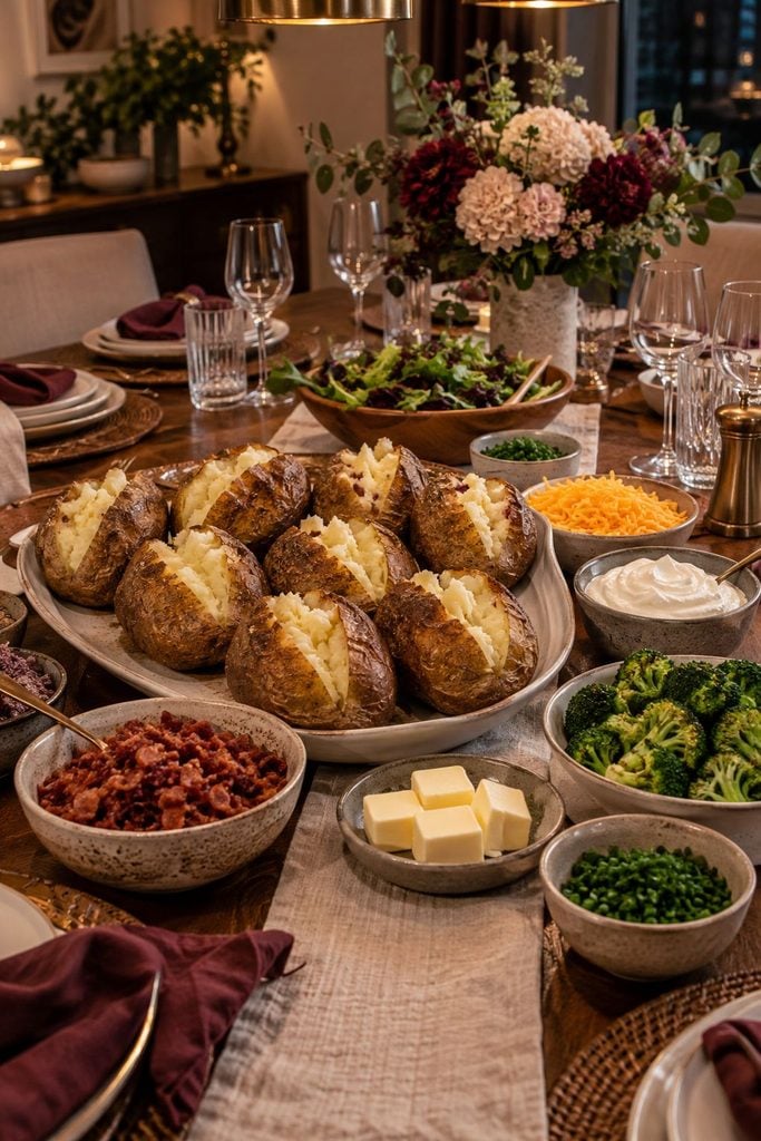 Split baked potatoes lined up with bowls of bacon, cheddar, sour cream, chives, and broccoli