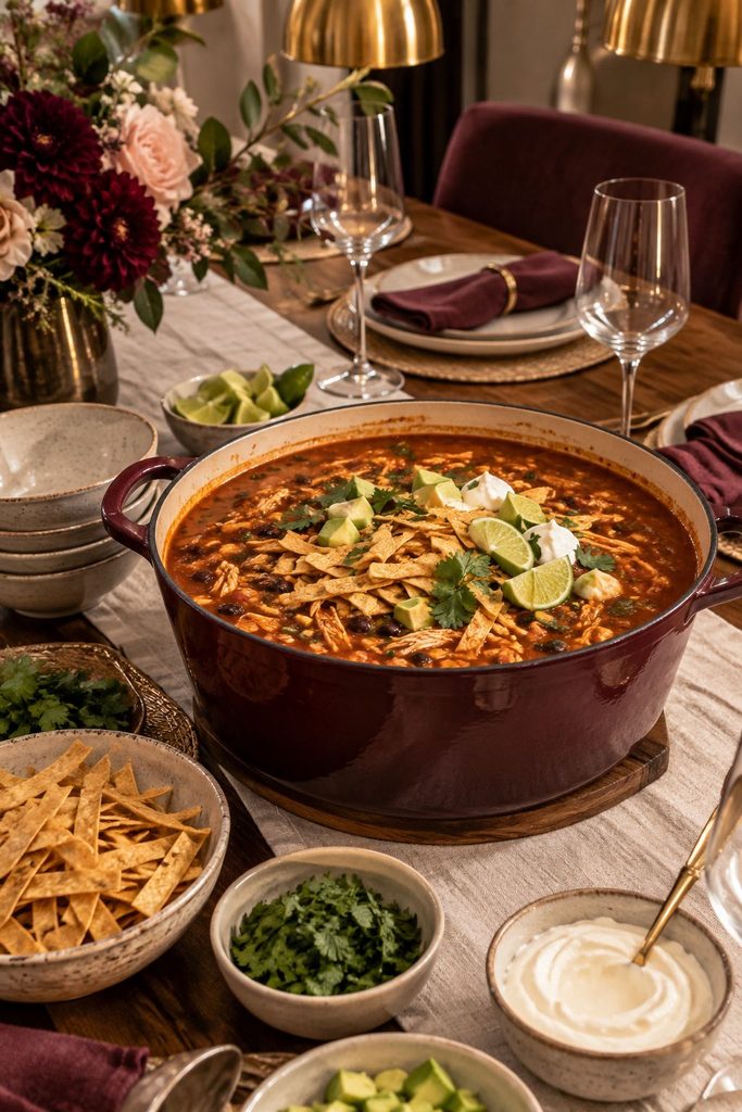 A bowl of red-tinged chicken tortilla soup topped with tortilla strips, avocado, and cilantro