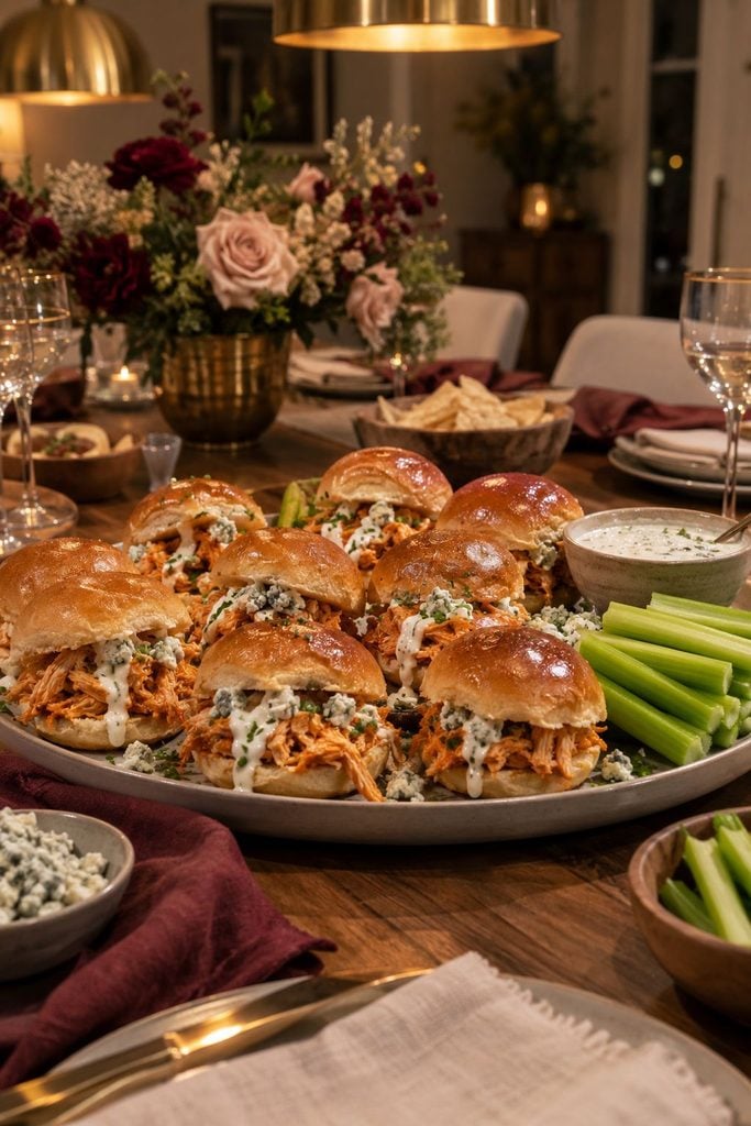 Pulled BBQ chicken sandwich piled high on a soft bun with tangy slaw on top