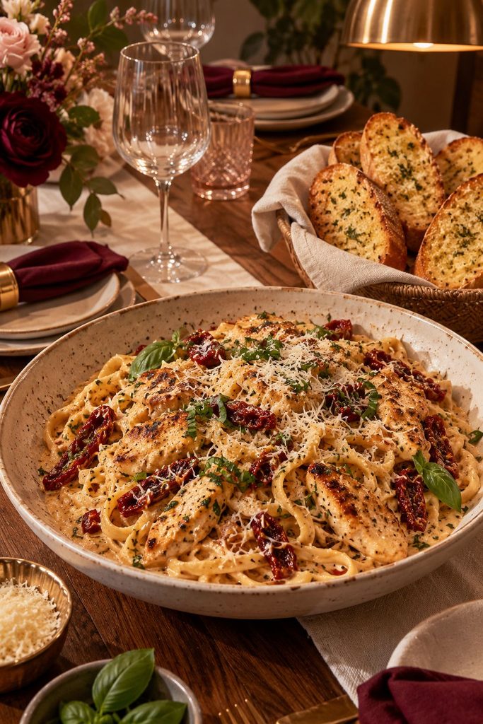 Creamy sun-dried tomato marry me chicken pasta in a skillet with a side of golden garlic bread