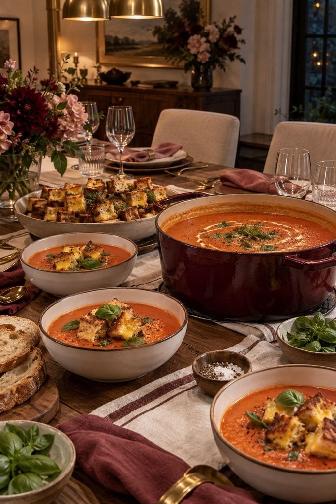 A bowl of velvety tomato soup topped with crisp grilled cheese cubes and fresh basil