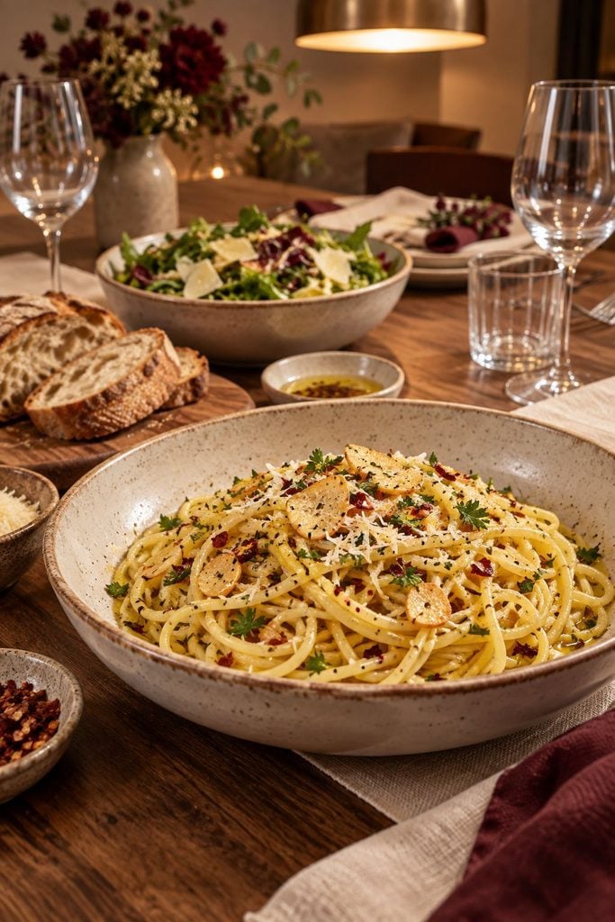 Simple spaghetti aglio e olio tossed with garlic, chili flakes, and parsley in a shallow bowl