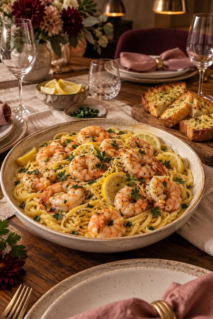 Plump pink shrimp over linguine in a glossy lemon garlic butter sauce with parsley