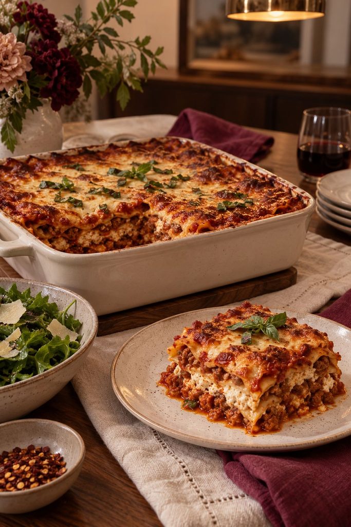 A slice of layered homemade lasagna lifted from the pan, showing cheesy layers and rich meat sauce