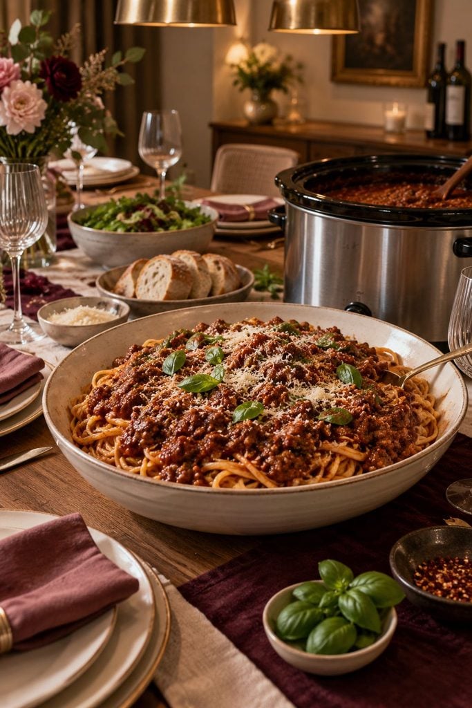 Rich slow cooker bolognese sauce ladled over spaghetti and topped with parmesan cheese